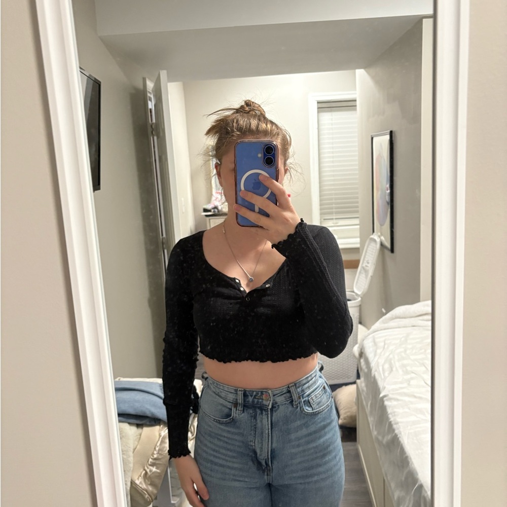bp Black Cropped Ribbed Henley Long-Sleeve Top